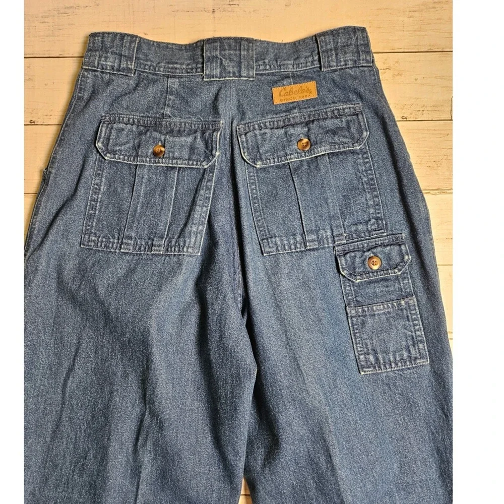 Cabelas Hiker Vintage High Waisted Cargo Jeans Wide Leg Denim Blue Pleated Sz 10